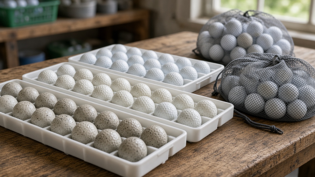 Tiers of recovered golf balls sorted by condition in trays on a workbench, showing Second Shot Golf grading